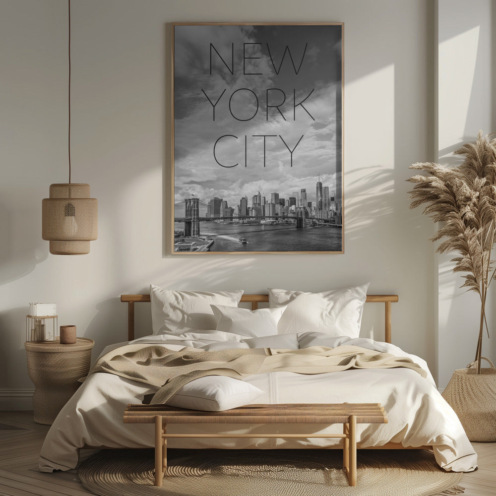 NYC Brooklyn Bridge &amp; Lower Manhattan | Text &amp; Skyline Poster