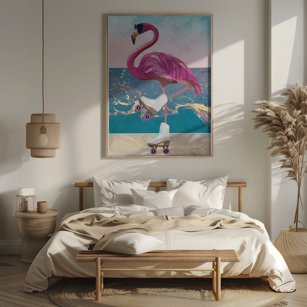 Flamingo rollerskating on the beach Poster