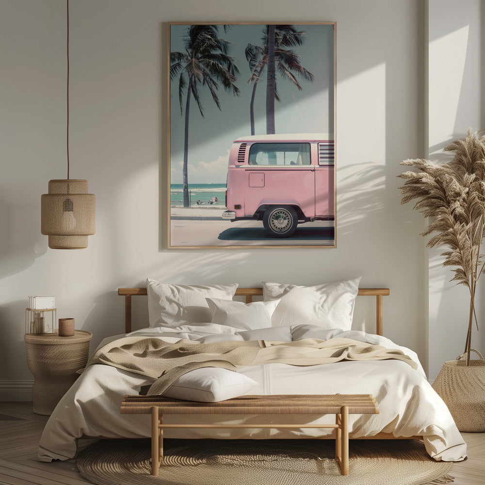 Pink Bus By the Beach Poster