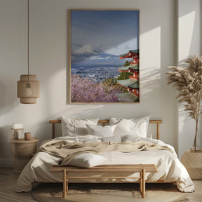 Unique view of Mount Fuji with Chureito Pagoda during cherry blossom season Poster