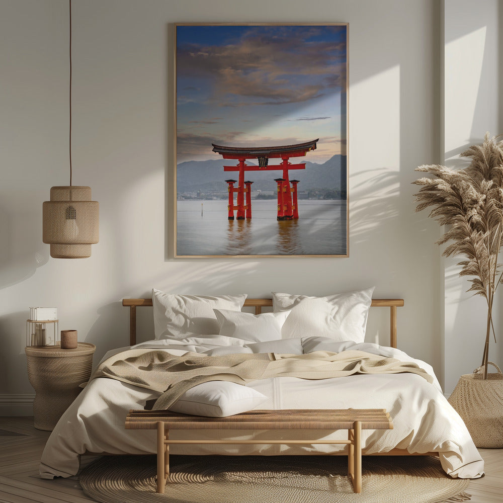 Vermilion Torii of Itsukushima Shrine on Miyajima in the evening Poster