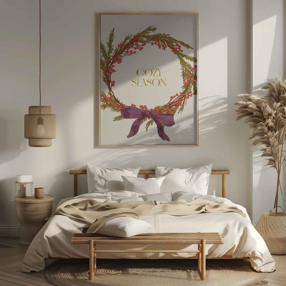 Cozy Season. Christmas wreath with bow Poster