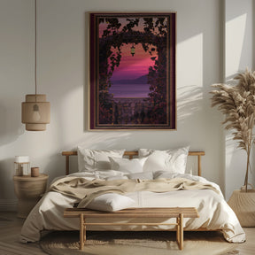 Sunset view with ornate &amp; gold burgundy frame Poster