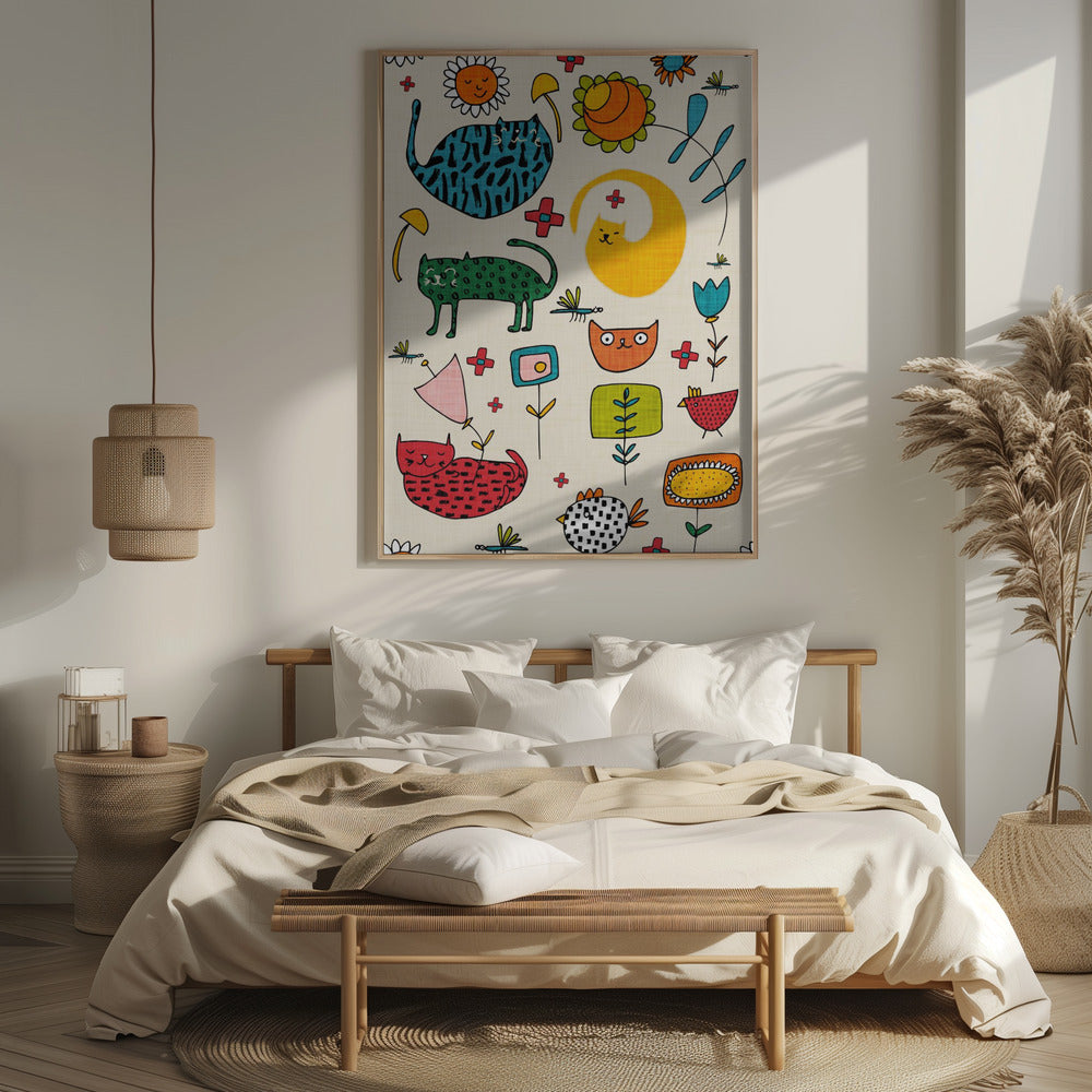 Spring Cat Beige - Cute Whimsical Cats with Flowers Poster