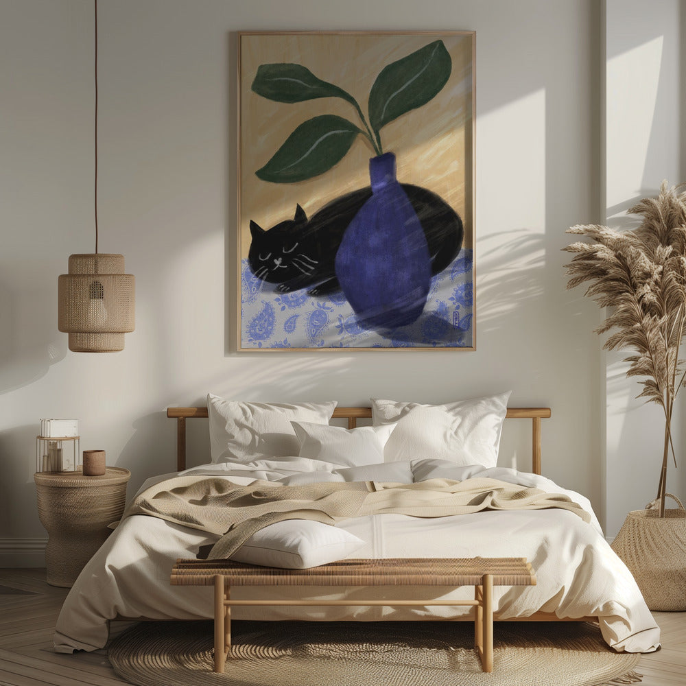 Sleeping Black Cat On Paisly Lia Illustration Poster