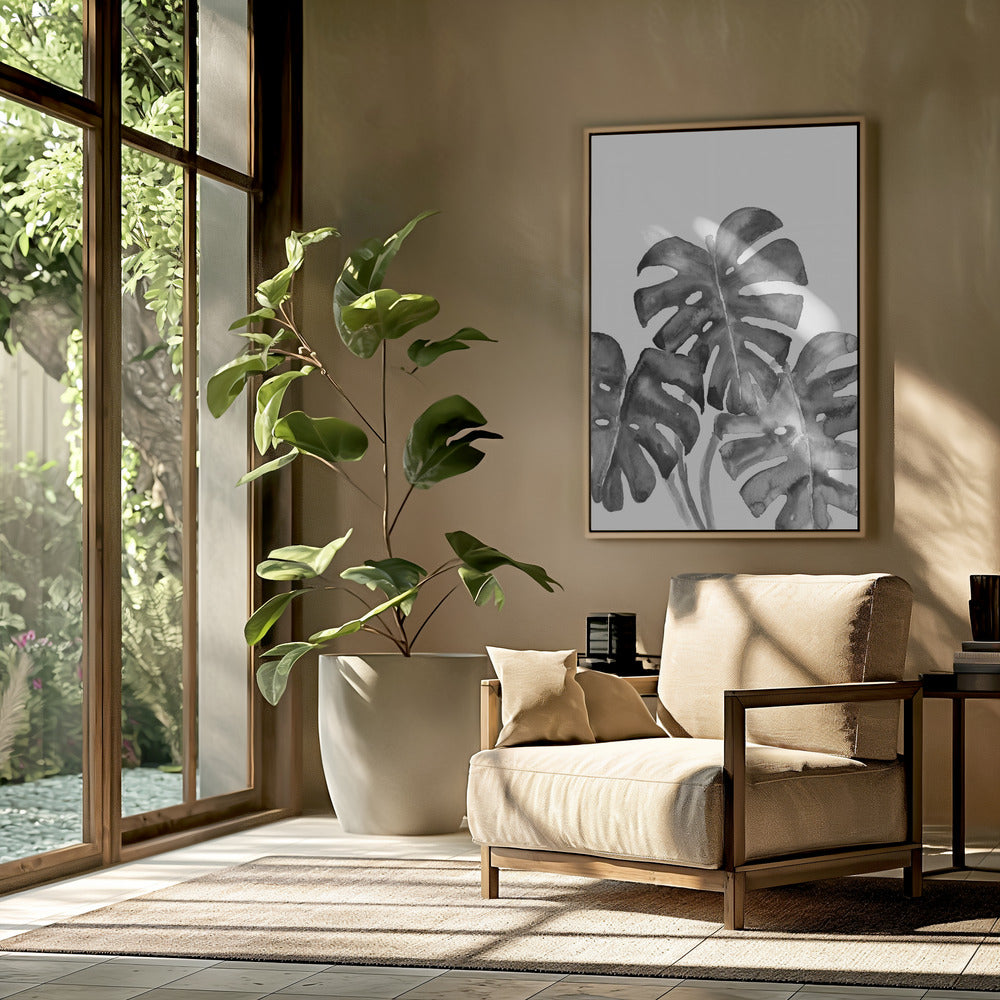 Monstera Leaves In Loose Watercolor Black and White Poster