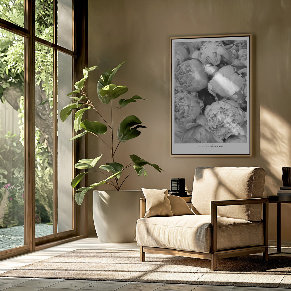 Smile and dream peonies BW Poster