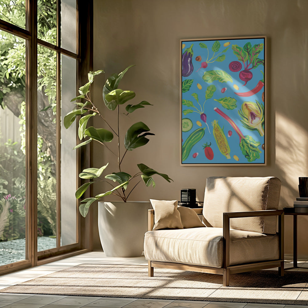 Spring Vegetables Blue Poster