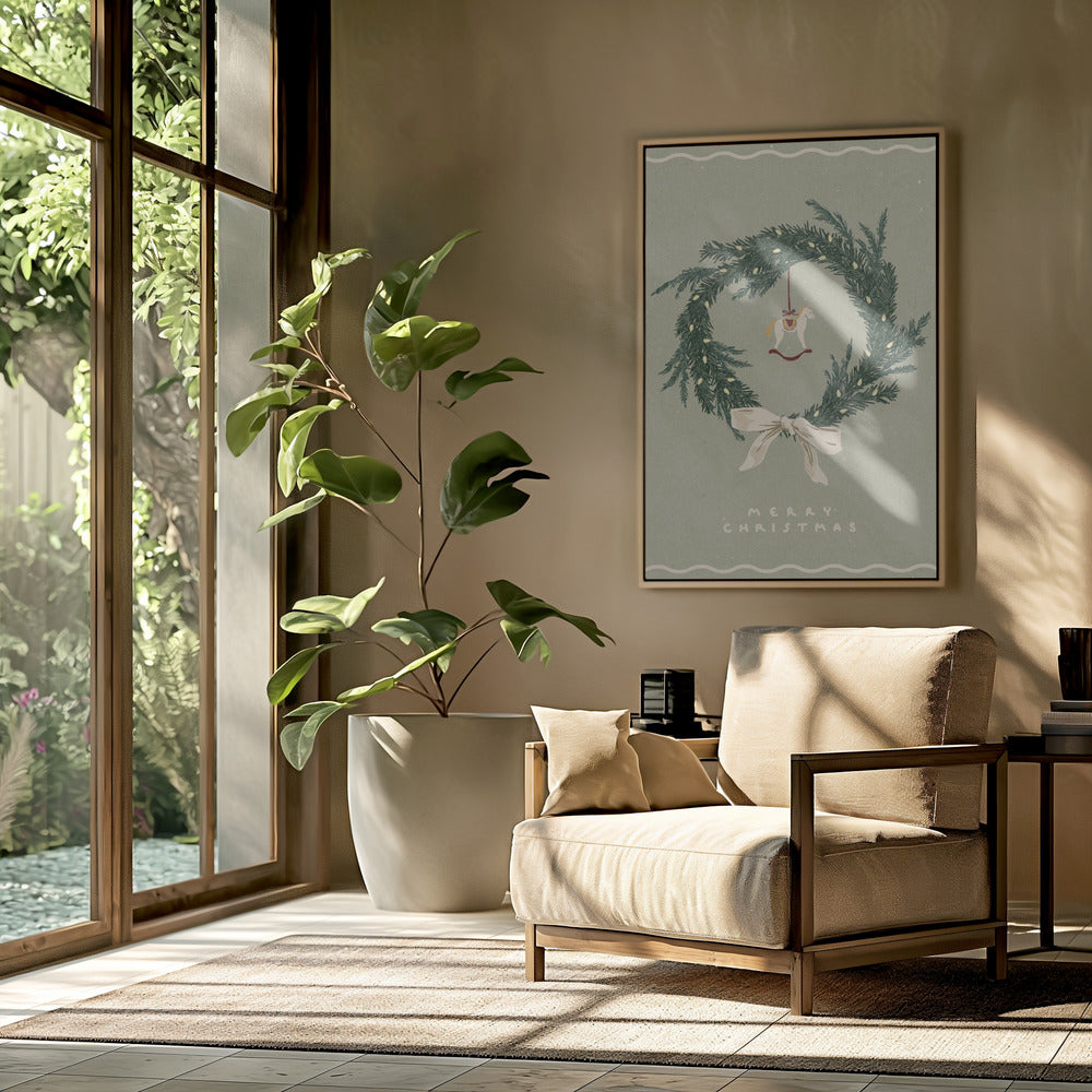 Horses toy on Christmas wreath with bow Poster