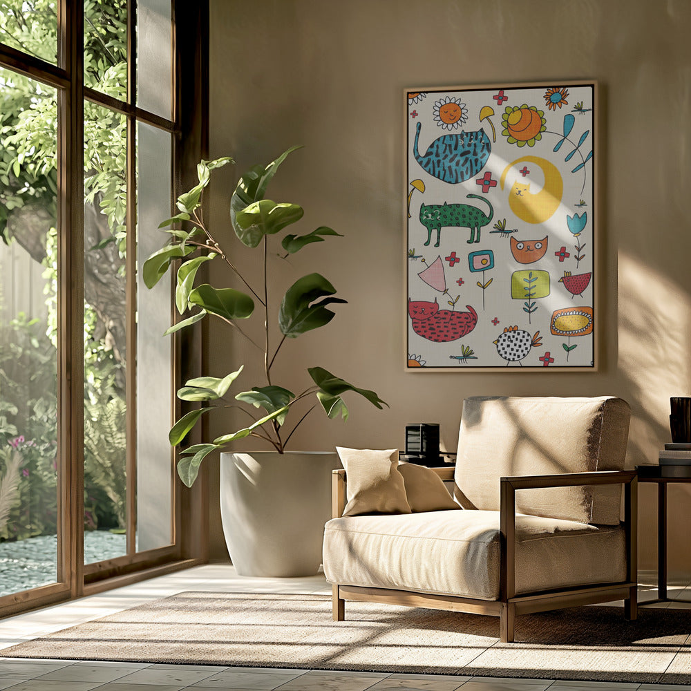 Spring Cat Beige - Cute Whimsical Cats with Flowers Poster