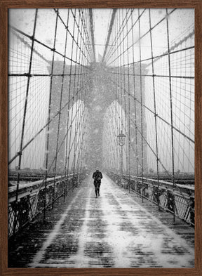 New York Walker in Blizzard - Brooklyn Bridge Poster