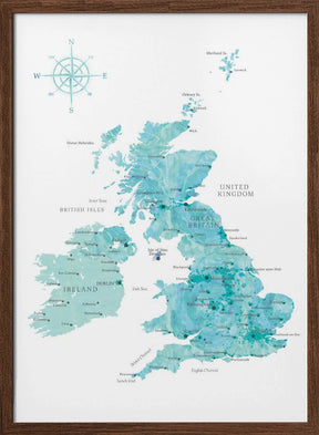 Aquamarine watercolor map of the United Kingdom Poster