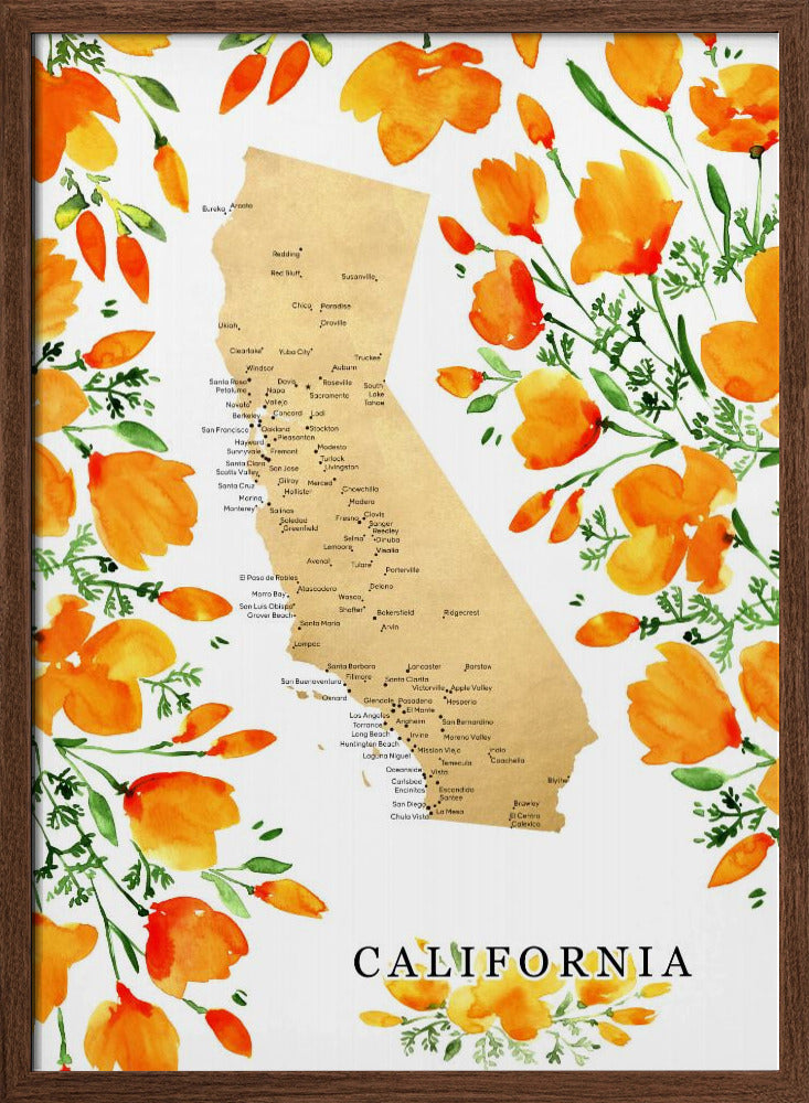 California map with watercolor poppies Poster