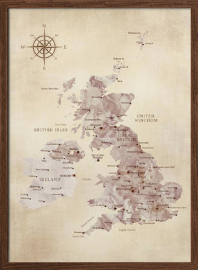 Sepia map of the United Kingdom Poster