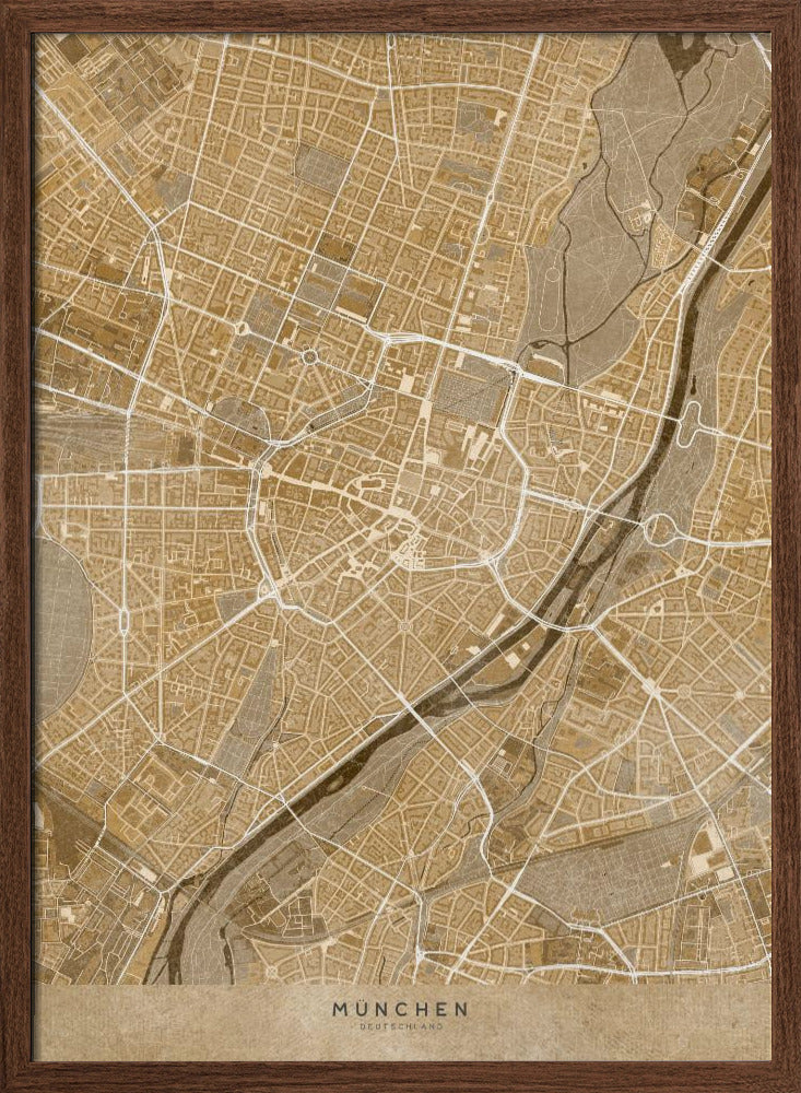 Sepia vintage map of Munich downtown Germany Poster