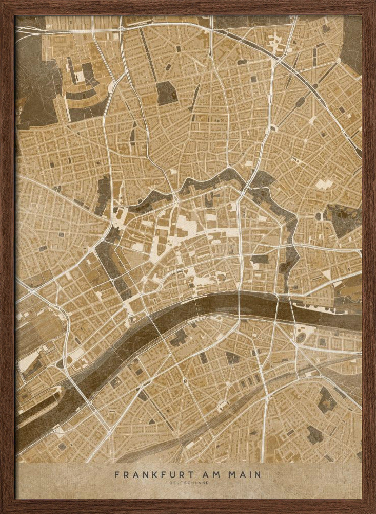 Sepia vintage map of Frankfurt downtown Germany Poster