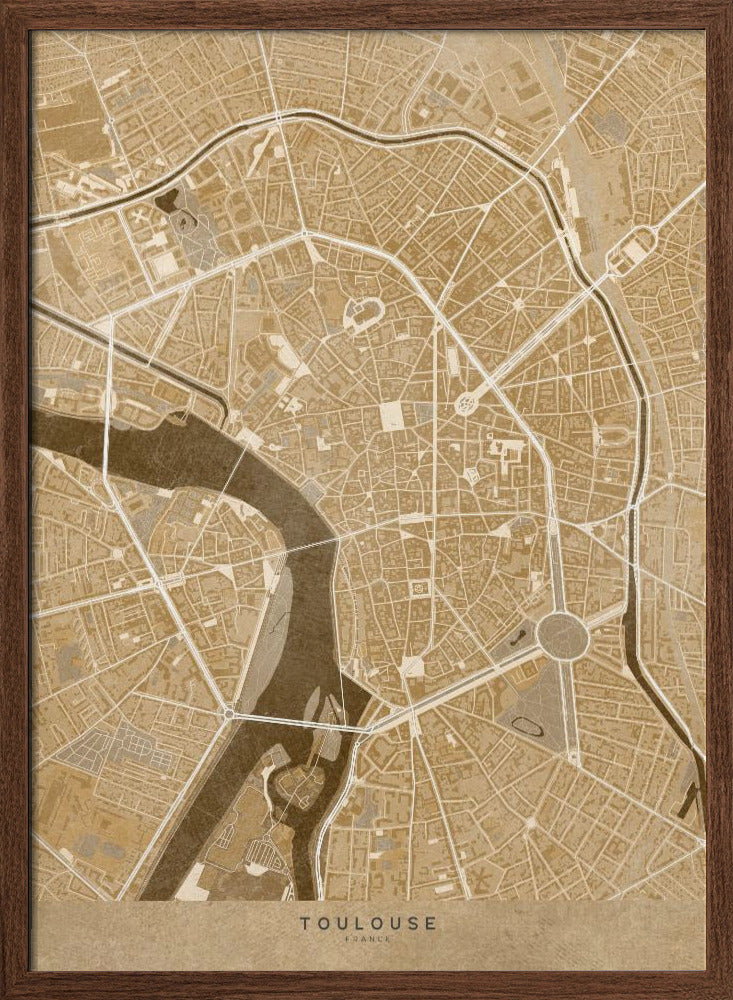 Sepia vintage map of Toulouse downtown France Poster