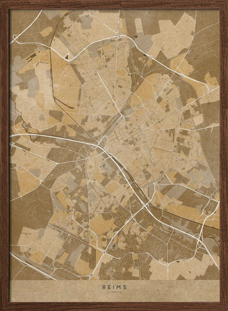 Sepia vintage map of Reims France Poster