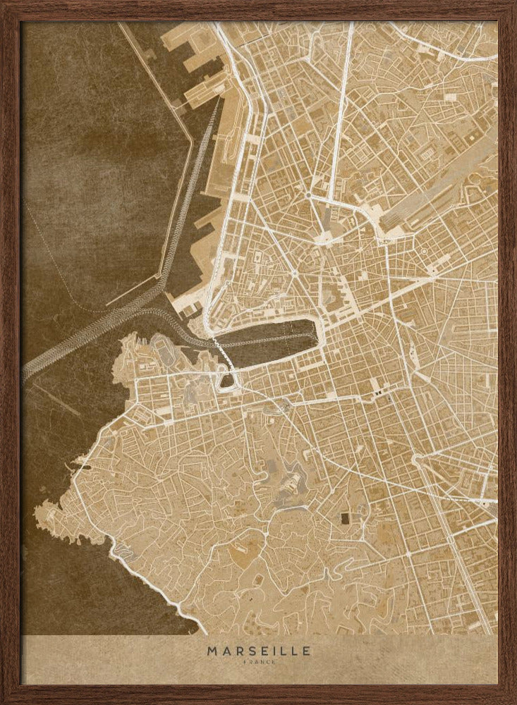 Sepia vintage map of Marseille France Poster