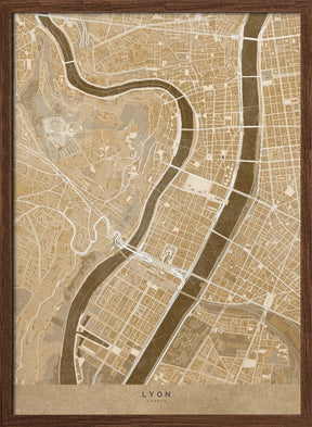 Sepia vintage map of Lyon downtown France Poster