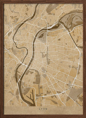 Sepia vintage map of Lyon France Poster