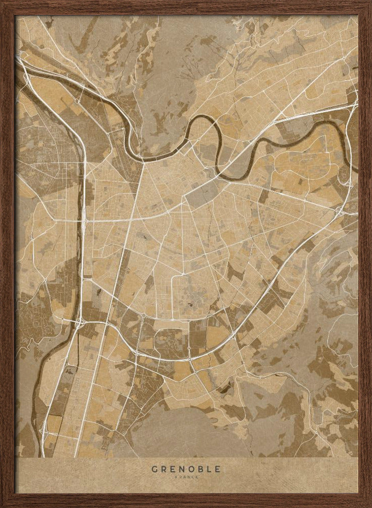 Sepia vintage map of Grenoble France Poster