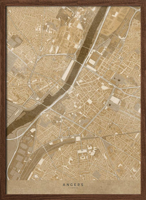 Sepia vintage map of Angers downtown France Poster