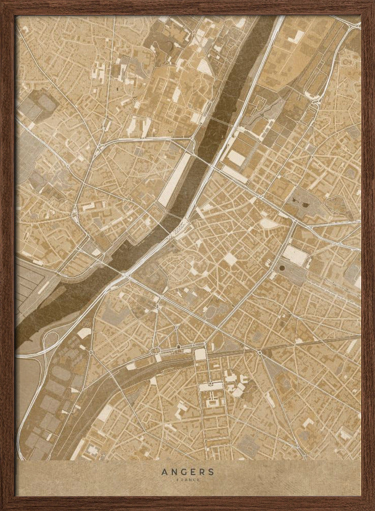 Sepia vintage map of Angers downtown France Poster