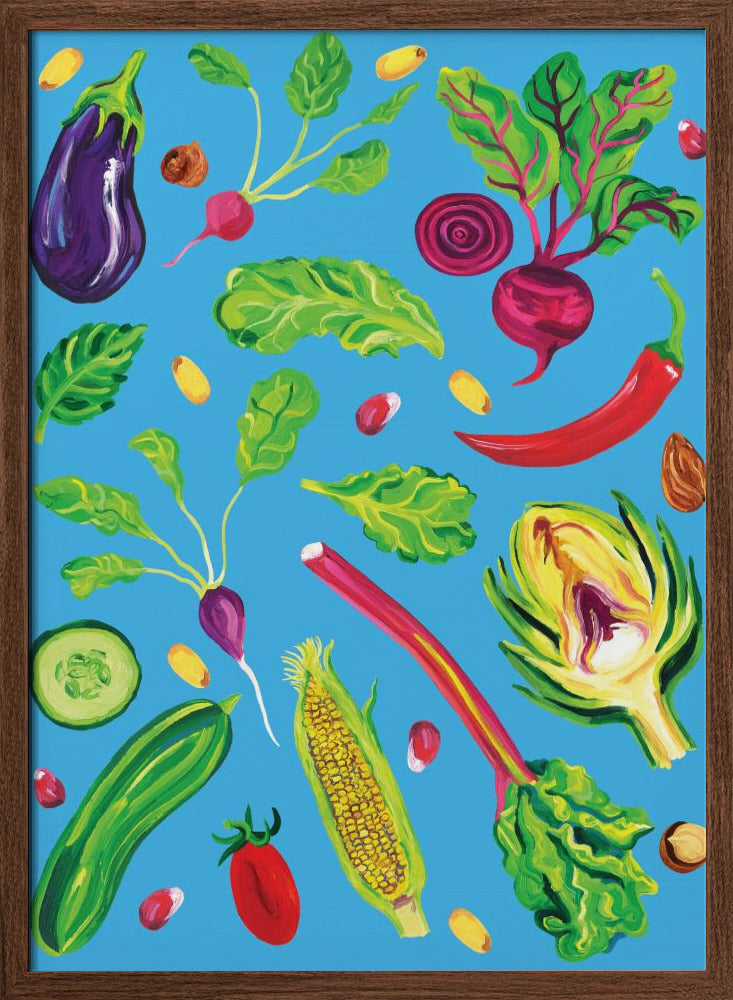Spring Vegetables Blue Poster