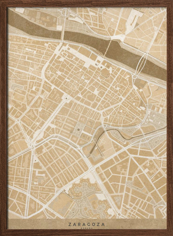 Map of Zaragoza downtown (Spain) in sepia vintage style Poster