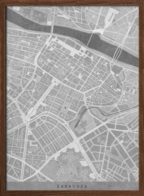 Map of Zaragoza downtown (Spain) in gray vintage style Poster