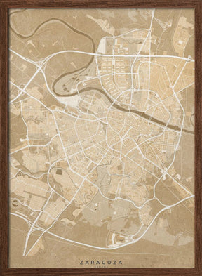 Map of Zaragoza (Spain) in sepia vintage style Poster