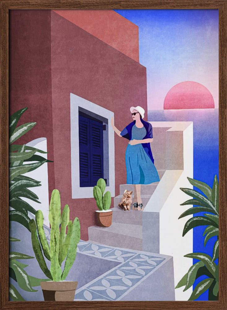 Lady and Cat In Santorini Poster