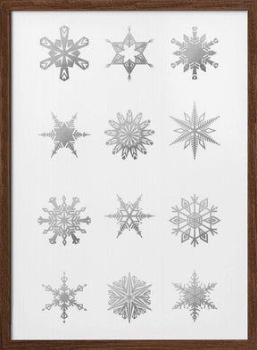 Twelve geometric snowflakes in gray Poster