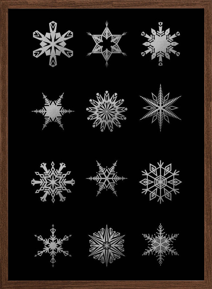 Twelve geometric snowflakes in black Poster