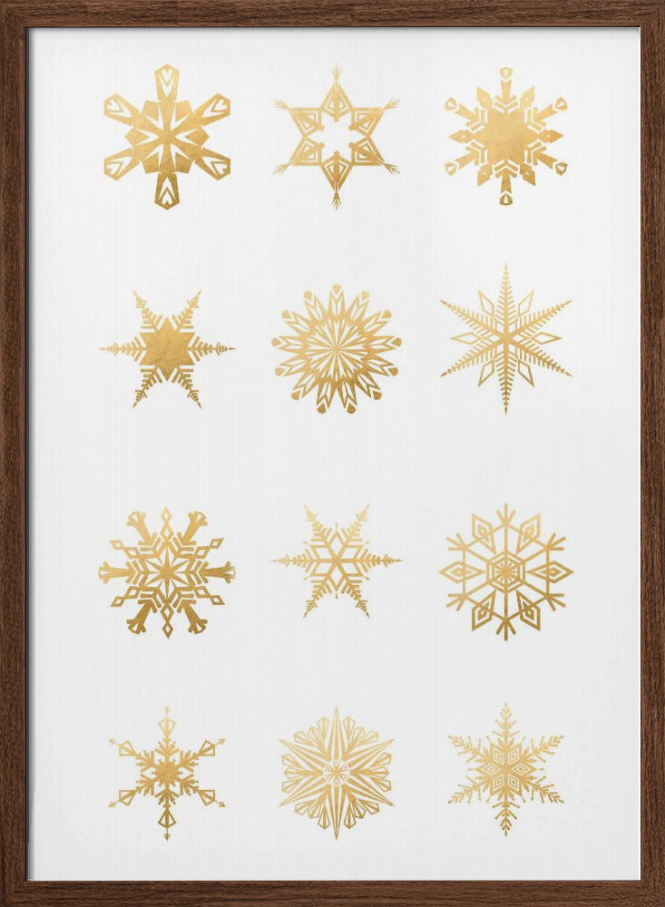 Twelve geometric snowflakes in gold Poster