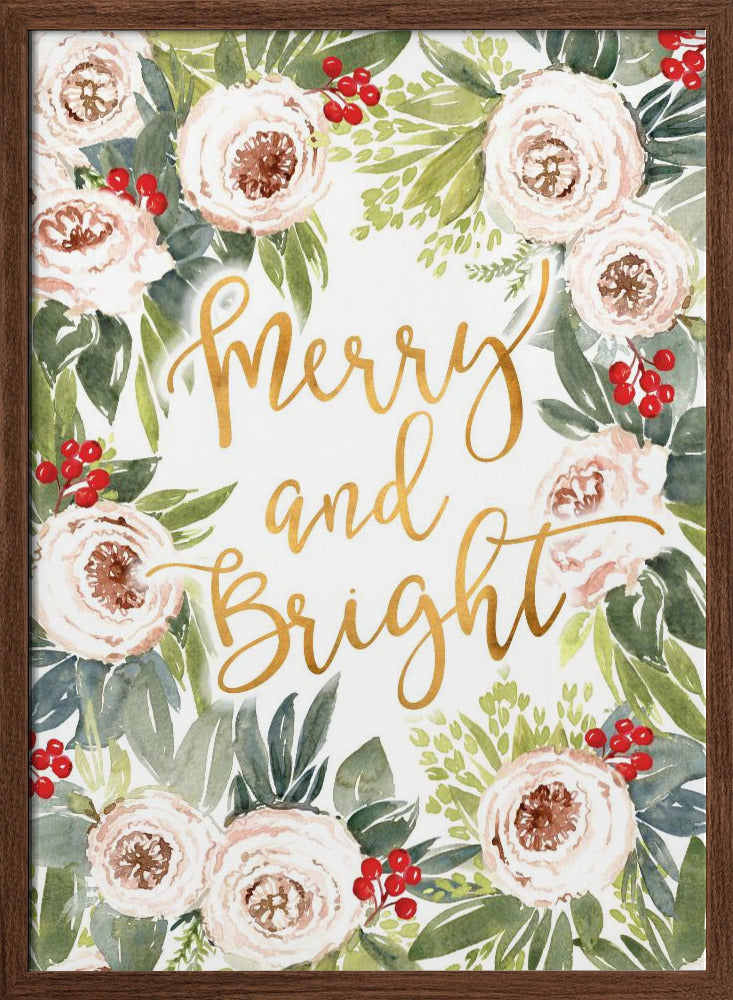 Merry and bright holiday roses and berries Poster