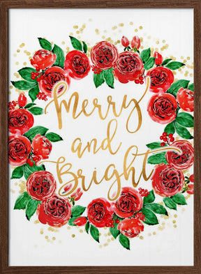 Merry and bright wreath of red English roses Poster