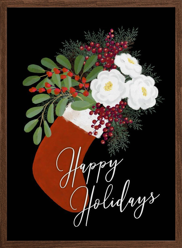 Floral Stocking Happy holidays in black Poster