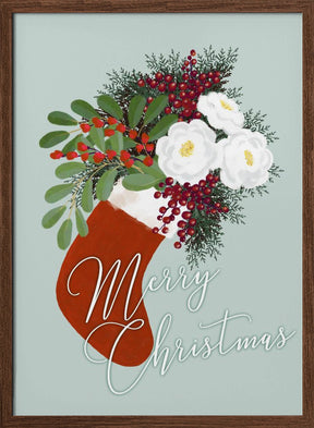 Floral Stocking Merry Christmas in mint Poster