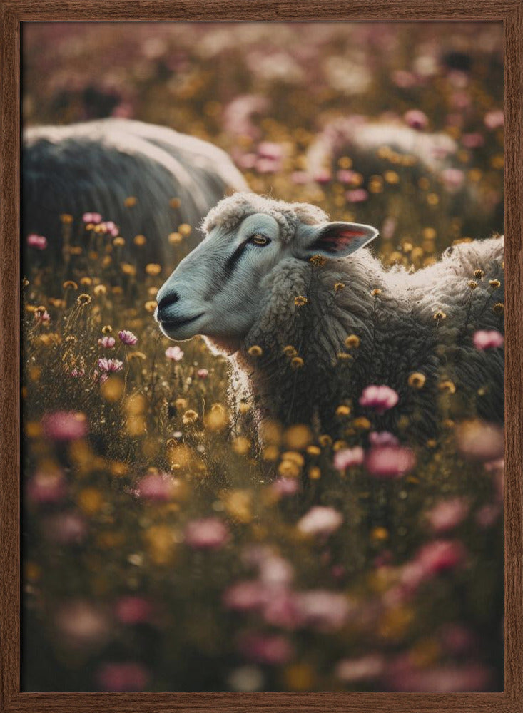 Sheeps In Flower Field Poster