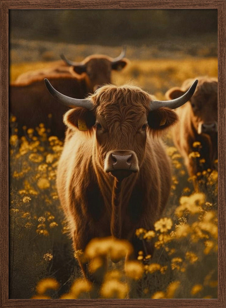 Highland Cows In Flower Field No 2 Poster