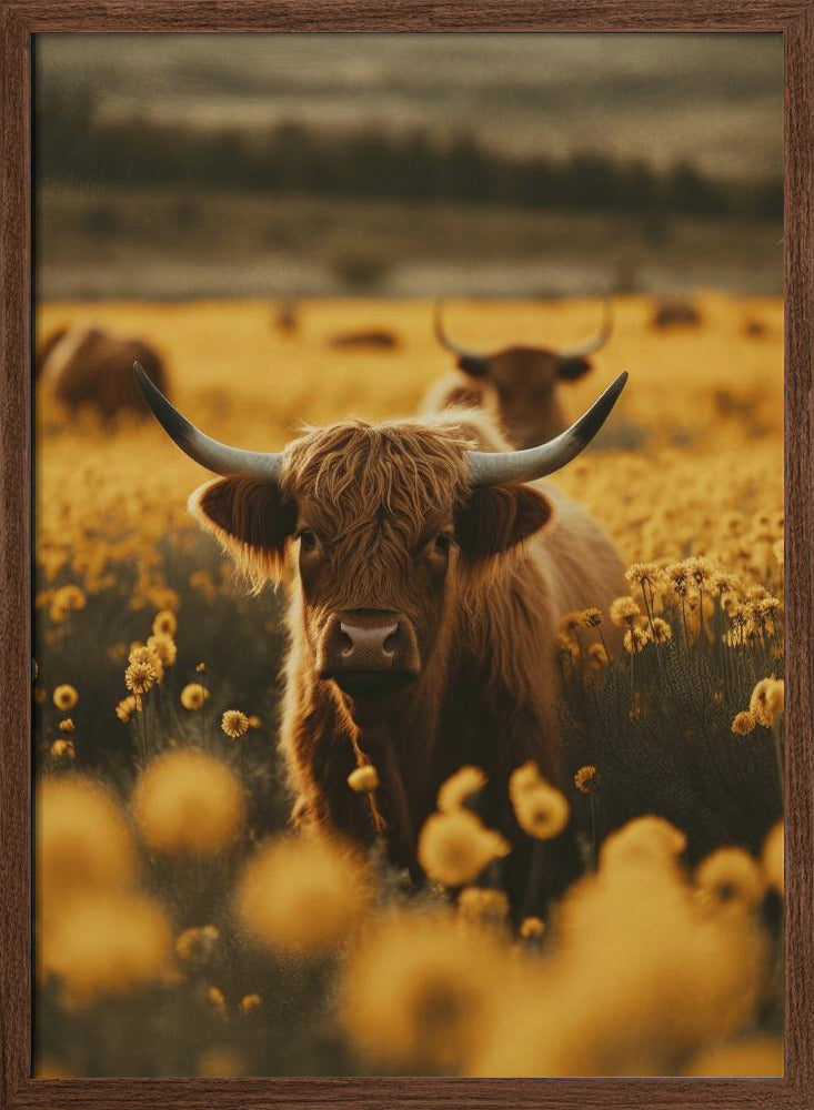 Highland Cows In Flower Field Poster