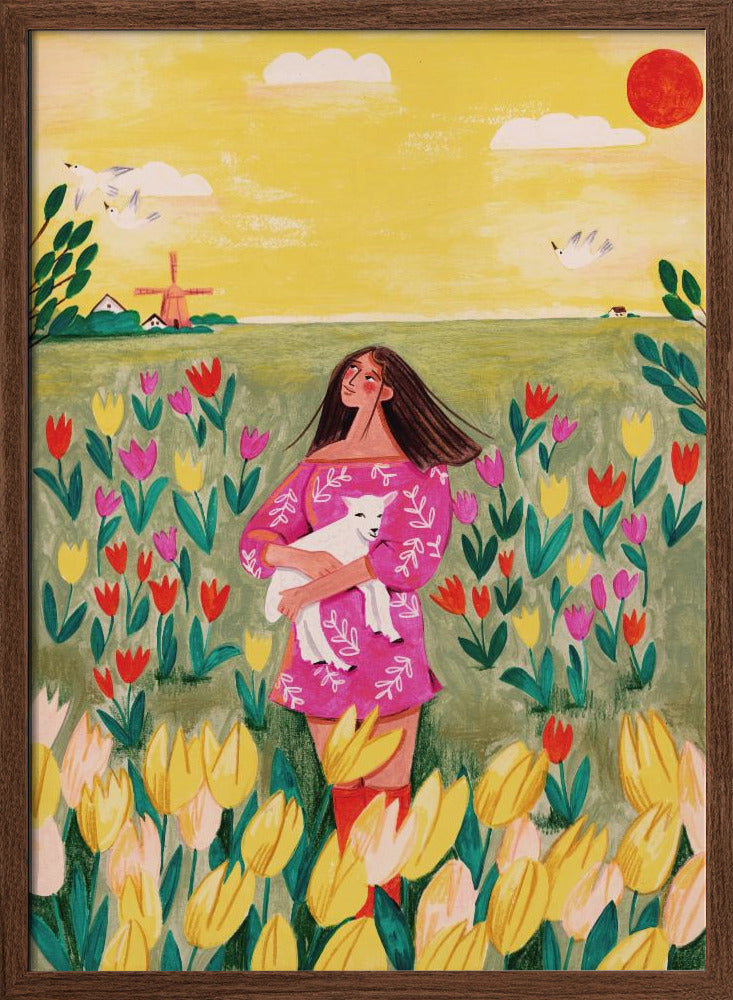 Woman in spring tulip field Poster