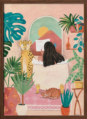 Woman taking bath in pink tropical bathroom Poster