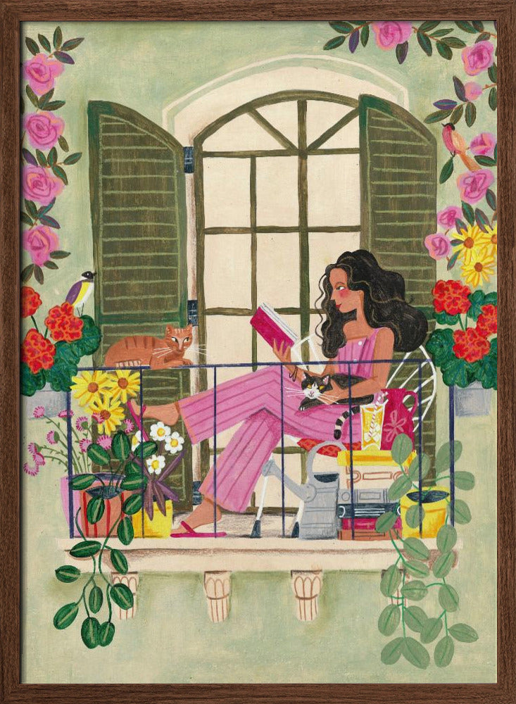 Woman reads on balcony Poster