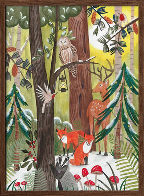 Green Christmas forest with animals Poster