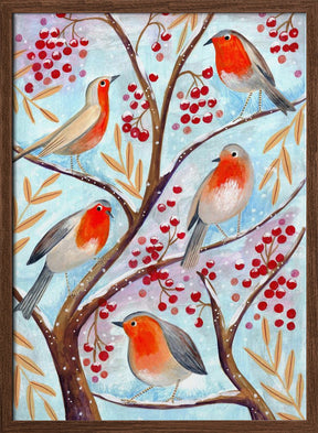 Winter birds robins Christmas snow Poster