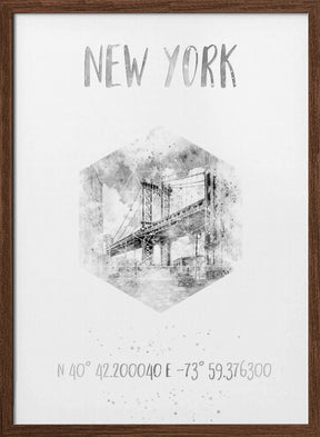 Coordinates NYC Manhattan Bridge | monochrome watercolor Poster