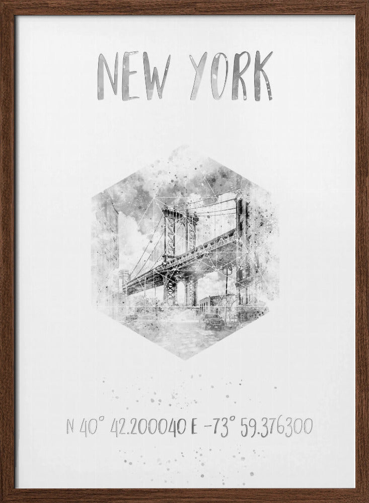 Coordinates NYC Manhattan Bridge | monochrome watercolor Poster